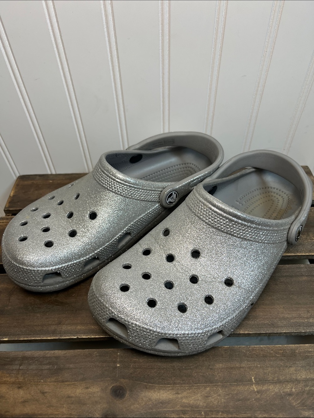 CROCS Silver Glitter Clog Shoes Unisex W 9 M 7